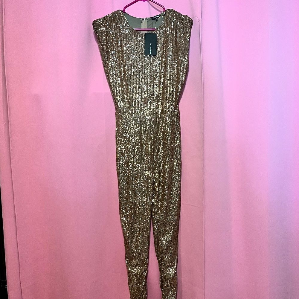 NEW Fashion Nova Large Gold Sparkle & Snatched Shoulder Pad Jumper Jumpsuit - Picture 9 of 16